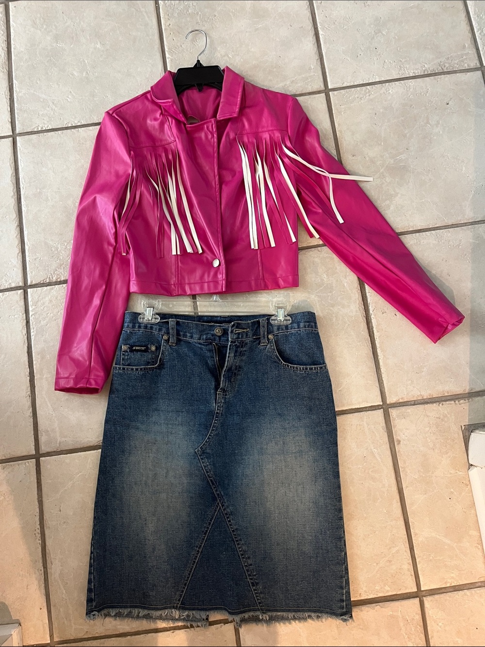 Cowgirl costume  Faux Leather Fringe Jacket with vintage Jean skirt